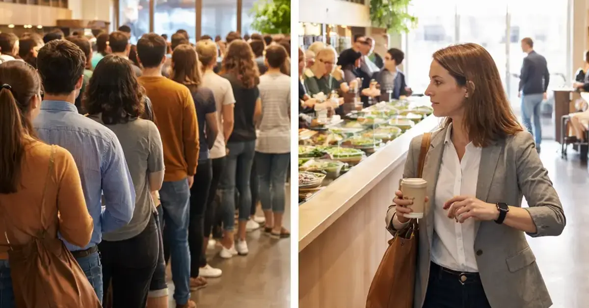avoid lunch rush, work through lunch, best time to eat lunch at work