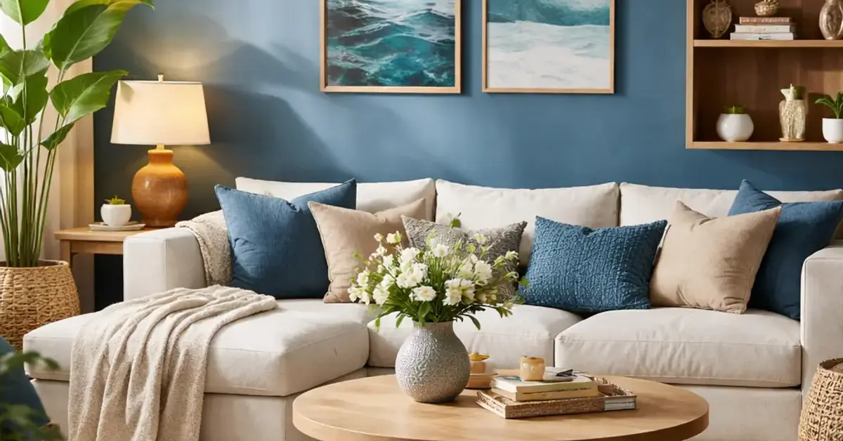 Ocean Blue interior design, ocean blue aesthetic, soft lighting decor, warm wooden accents