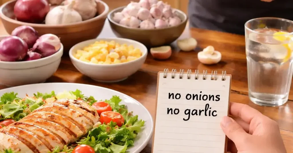 request no onions garlic sensitive stomachs, how to request no onions, no garlic request for sensitive stomach, dining out with IBS