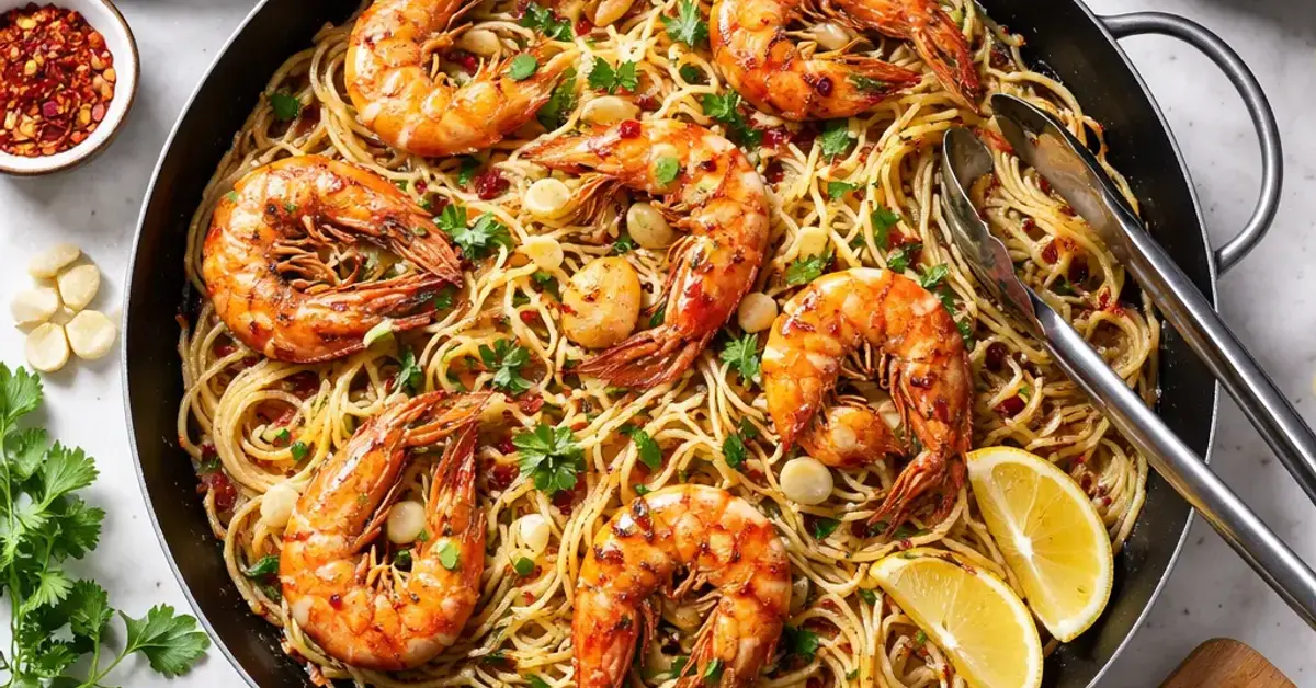 Tiger Prawn Aglio e Olio, tiger prawn aglio e olio, easy shrimp pasta recipe